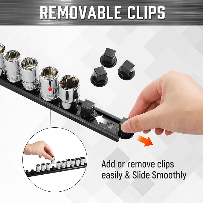 ALOANES 6-Piece Magnetic Socket Organizer, Heavy Duty Aluminum Socket Rails Organizer, 360° Swivel Clips Socket Holder Kit for Tool Box, 1/2, 3/8, 1/4-Inch Socket Holder x 80 Clips (Black)