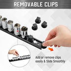 ALOANES 3-Piece Magnetic Socket Organizer, Heavy Duty Aluminum Socket Rails Organizer, 360° Swivel Clips Socket Holder Kit for Tool Box, 3/8-Inch Socket Holder x 42 Clips (Black)