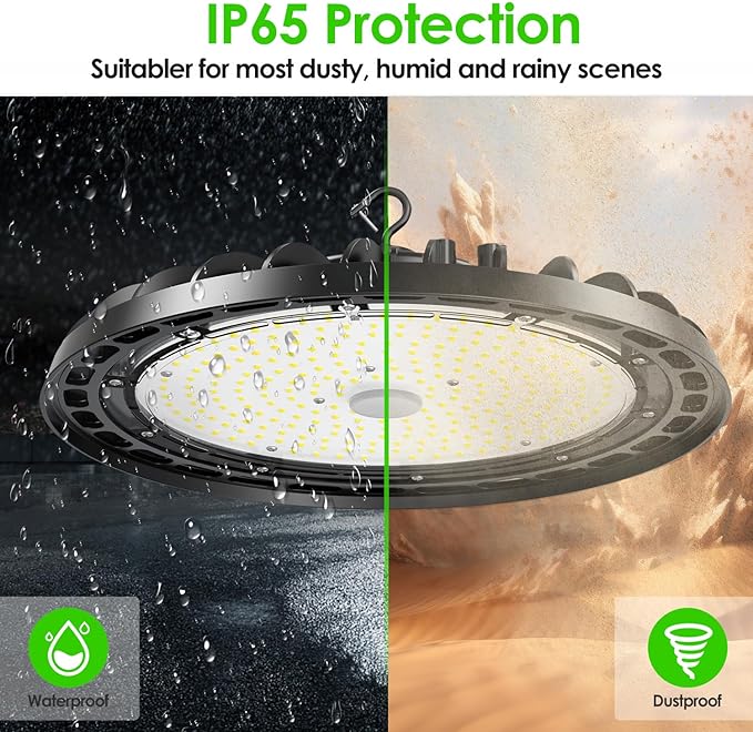 LED High Bay Light 150W, 10' UFO Commercial Lighting Fixture w/Isolated Power Supply, w/Plug for Garage Shop Warehouse Workshop, 5000k 21000lm Dimmable IP65 UL ETL Listed (4-Pack)