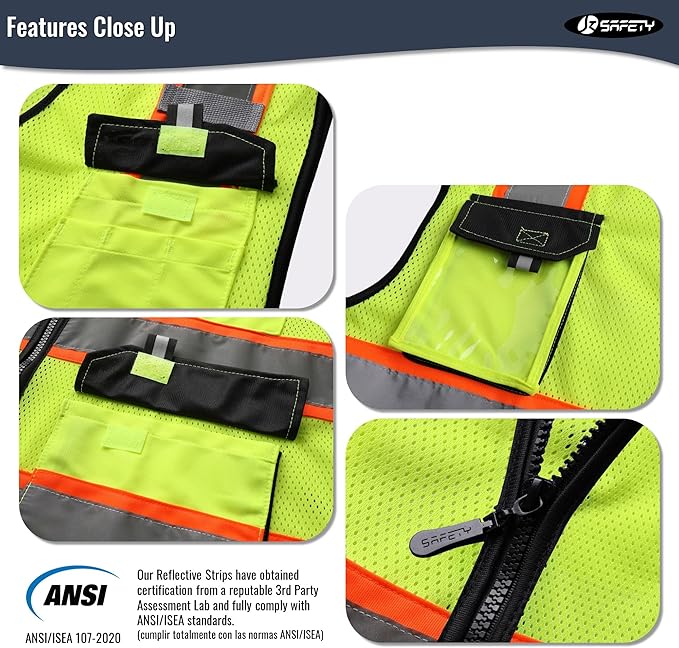 JKSafety Hi Vis Reflective Safety Vests for Men Women High Visibility Vest with Pockets Mesh Fabric Construction Safety Apparel Neon Vest for Work (220-Yellow L)