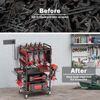 JUNNUJ Garage Large Power Tool Organizer Cart with 20A Charing Station, Heavy Duty Drill and Tools Battery Holder Storage Rack, Floor Standing Rolling Tool Cart on Wheels, Red