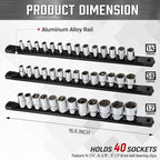 ALOANES 3-Piece Magnetic Socket Organizer, Heavy Duty Aluminum Rails, 360 Swivel Clips, 1/2, 3/8, 1/4-Inch Socket Holder x 40 Clips (Black)