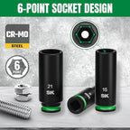 SK 3/8" Drive Impact Socket Set, Deep Metric Sockets, 13-Piece 8 to 21mm, Premium CR-MO Steel, SureGrip 6 Point Design, with Aluminum Socket Organizer