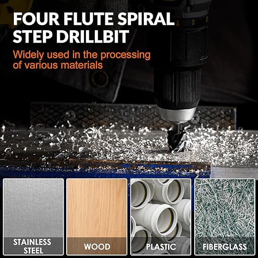 THINKWORK Four Spiral Flute Step Drill Bit Set, 5 Pcs HSS Step Drill Bits (1/8"-1-3/8") Unibit Step Drill Bit, 1/4" and 3/8" Shank Step Bits for Aluminum, Wood, Plastic, Metal
