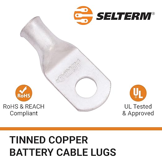 SELTERM 10pcs 6 AWG-1/4 Stud (Wide Pad) Tinned Copper Wire Lugs,Heavy Duty Battery Cable Ends,6 Gauge Ring Terminals,UL Battery Lugs Marine Grade Copper Eyelets Electrical Battery Terminal Connectors