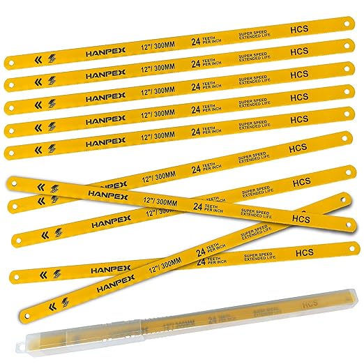 Hacksaw Replacement Blades (10 Pack) High Speed 24 TPI - 12" Length Hack Saw Blade - High Carbon Steel (HCS) Cutting Blades
