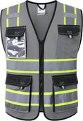 JKSafety Hi Vis Reflective Safety Vests for Men Women High Visibility Vest with Pockets Mesh Fabric Construction Safety Apparel Neon Vest for Work (220-Grey L)