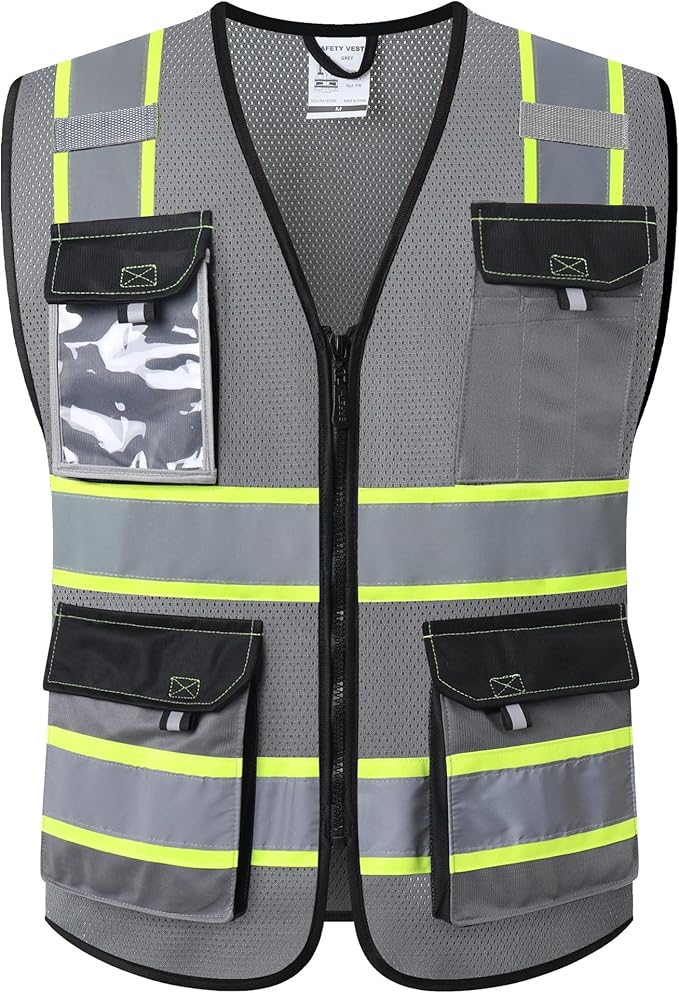 JKSafety Hi Vis Reflective Safety Vests for Men Women High Visibility Vest with Pockets Mesh Fabric Construction Safety Apparel Neon Vest for Work (220-Grey 3XL)