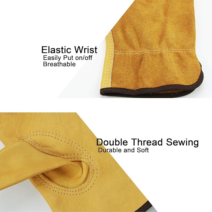 OZERO Leather Work Gloves Flex Grip Tough Cowhide Gardening Glove for Men and Women (Gold (5 Pairs), X-Large)