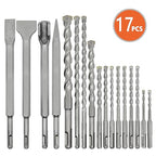 17Pcs SDS Plus Rotary Hammer Drill Bit Set,Concrete Drill Bit Kit with Point Chisel,Flat Chisel,Cross Type Double Thread Carbide Material for Concrete,Bricks,Tiles,Stone and Glass