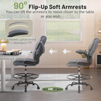 500LBS Drafting Chair, High Back Safer Standing Desk Chair, Executive Tall Office Chair with Flip-up Armrests, Upholstered PU Leather Task Chair, Ergonomic Seat with Adjustable Height&Foot Ring, Grey