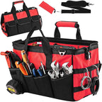 Tool Bag, Foldable Open 16 Inch Top Tool Bag Organizer for Easy Tool Access, Water-Resistant Construction, Electrician ToolBag with Handle & Padded Adjustable Strap, Red