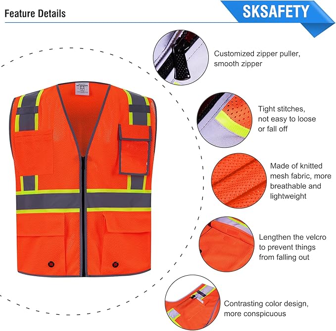 SKSAFETY 10 Pockets Safety Vest, Class 2 High Visibility Security with Zipper Double-sided mesh, Hi Vis Vest with Reflective Strips, ANSI/ISEA Standard, Construction Work Vest （Orange, 5XL）