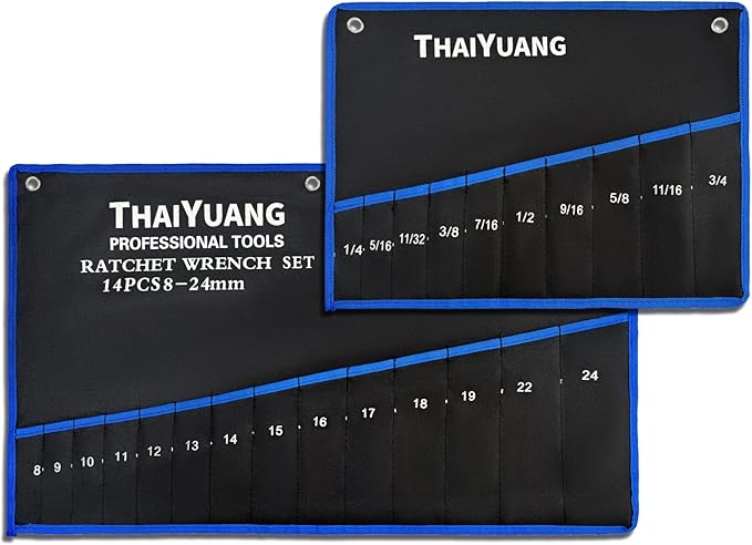2-Pieces Wrench Roll Up Pouch, Heavy Duty Canvas Tool Bag Tool Organizer Bag 14pockets Metric+ 10pockets SAE (Not Including Wrench)