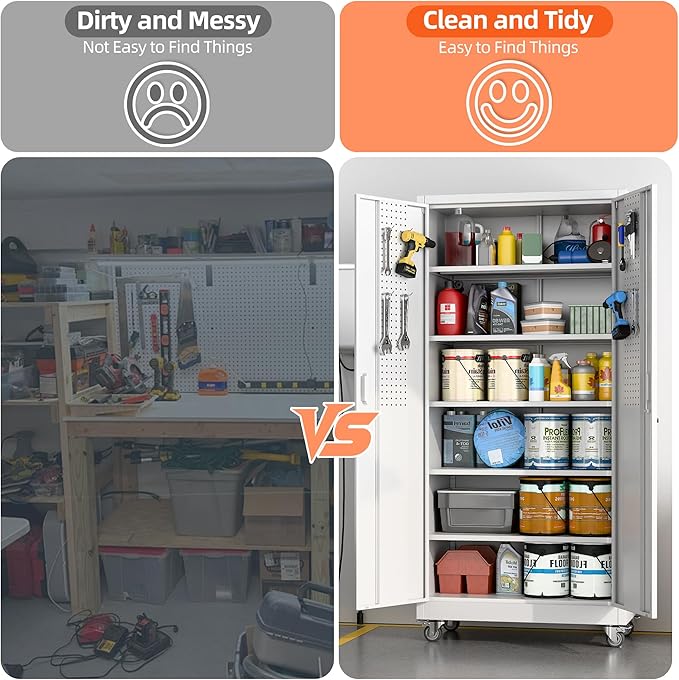 Metal Garage Storage Cabinet with Pegboard, 71''H*32" W*16" D Rolling Tool Cabinets on Wheels with 5 Adjustable Shelves for Garage Home Warehouse Utility Room, Assembly Required,White