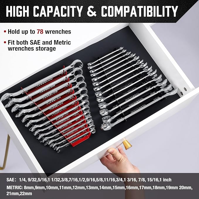 ALOANES 78-Slot Metal Wrench Organizer, Heavy Duty Wrench Organizer Tray for Tool Box, Professioanl Fit SAE & Metric Wrench Storage, 6 Pack Wrench Holders(3 Colors)
