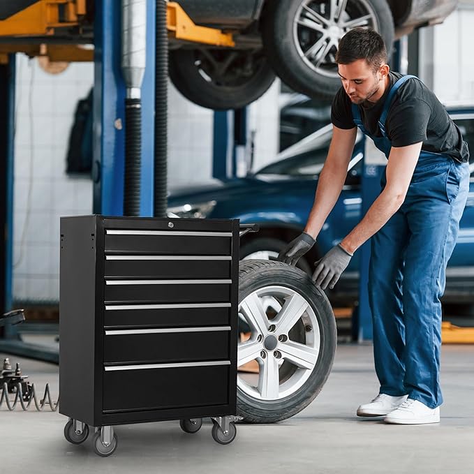 6-Drawer Rolling Tool Chest Cabinet, Large Capacity Metal Tool Box with Wheels and Keyed Locking, Roll Around Storage Organizer Tool Cart for Garage, Warehouse, Work Shop (Black)