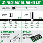 SK 3/8" Drive Socket Set with 160-P Ratchet, 30-Piece, SAE, SuperKrome Finish, Premium CR-V Construction, with EVA Foam Tool Organizer