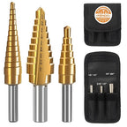 KENDO Step Drill Bit Set, Double Cutting Blades High Speed Steel Step Drill Bits for Metal, Wood Hole Drilling, Plastic, Total 28 Step Sizes Taper Drill bit Set, DIY Lovers with Bag, 3 Pieces