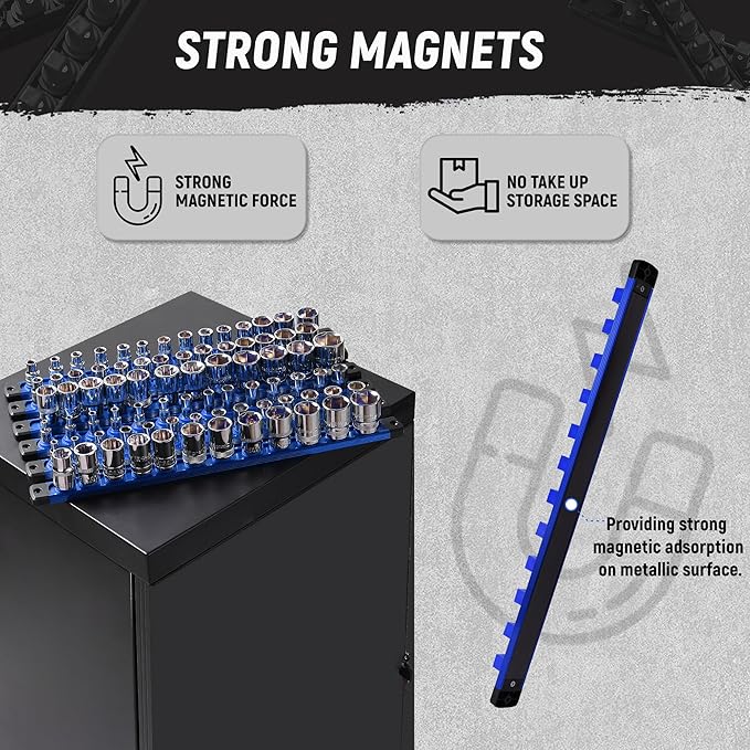 ALOANES Magnetic Socket Organizer Set, 6-Piece Heavy Duty Aluminum Socket Holder Socket Rail Organizer for Tool Box, 360° Swivel Clips Socket Rack 1/4, 3/8, 1/2-Inch x 80 Clips (Blue)