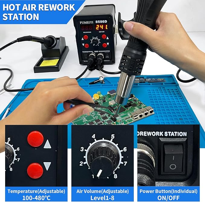 8586D Hot Air Soldering Iron Station Kit 2-IN-1 for Rework, Desoldering with Lead-Free Solder Wire, 5 Soldering Tips, 3 Hot Air Nozzles, Tweezers, Desoldering Pump。