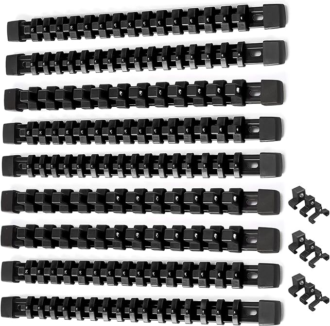 ALOANES 9 PC ABS Socket Organizer, 1/2 inch, 3/8 inch and 1/4 inch Drive Socket Rail Holders, Heavy Duty Socket Racks, Black Rails with Black Clips
