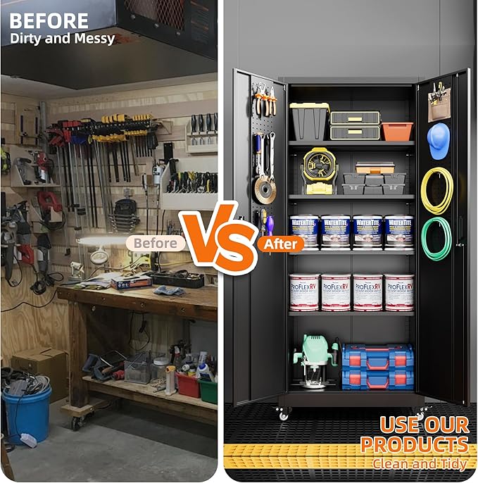 73''H Metal Garage Storage Cabinet with Pegboard, Rolling Tool Cabinets on Wheels,Steel Locker for Garage Office School Home Warehouse Utility Room, Assembly Require,Black