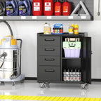 Metal Storage Cabinet with Wheels, Garage Cabinet with 1 Door and 4 Drawers, Rolling Tool Storage, Assembly Required, Black