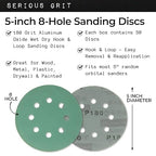 Sanding Discs 5 Inch 8 Hole 180 Grit - Heavy-Duty Hook & Loop Wet Dry Film Sandpaper Discs - Very Fine Sand Paper for Random Orbital Sanders - Wood, Automotive, Metal, etc - 50 Pack Box