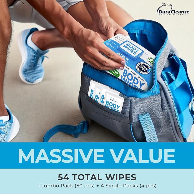 XL Body Wipes for Adults Bathing No Rinse - 50 Ct. + 4 Travel Shower Wipes - 9"x12" Thick Cleansing Bath Wash Sheets for Elderly Incontinence, Men & Women - Camping Essentials Disposable Washcloths