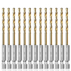 13PC 1/8" Titanium Coated Twist Hex Shank Drill Bit Set, 135 Degree Tip HSS Drill Bit Sets, Impact Driver Drill Bits for Wood, Steel, Metal, Plastic with Quick Change Design