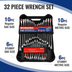 WORKPRO 32-Piece SAE & Metric Combination Wrenches Set, 20-Piece Standard wrenches and 12-Piece Stubby Wrenches with Organizer Tray, Cr-V Steel Mirror Chrome Polished