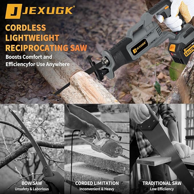 Brushless Reciprocating Saw, 21V Cordless saw saw with 2 x 6.0Ah battery, Electric Portable Sierra Recíproca with 12 Blades & LED Light, 0-3500 SPM Professional Sawsall for Wood, Metal, PVC