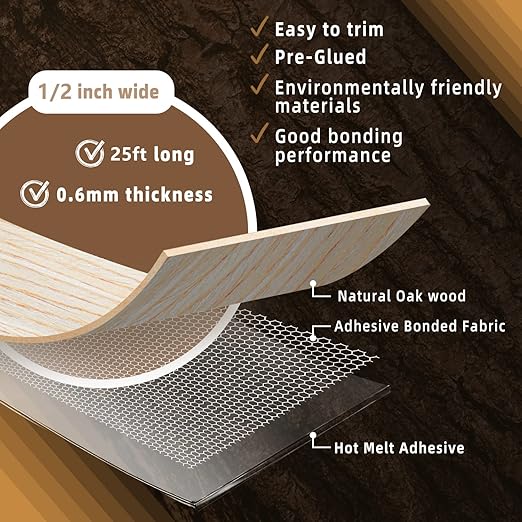 GSCIT Club Oak Edge Banding, 1/2 inch x 25ft roll of Veneer Edge Banding - Pre-glued Flexible, Real Wood Tape for Cabinet Repair & Furniture Restoration