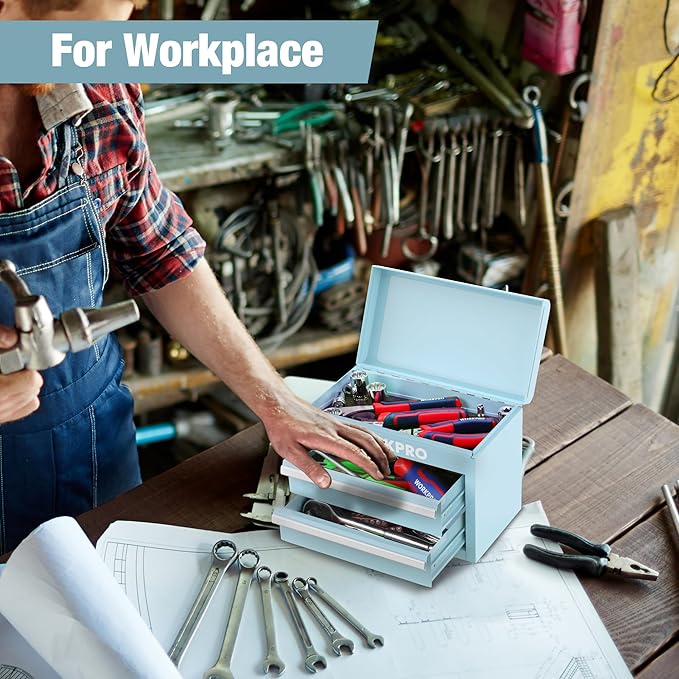 WORKPRO Mini Metal Tool Box with 2 Drawers and Top Storage, Small Tool Chest with PVC Liners and PP Feet Pads, Cold Rolled Steel Toolbox with Magnetic Tab