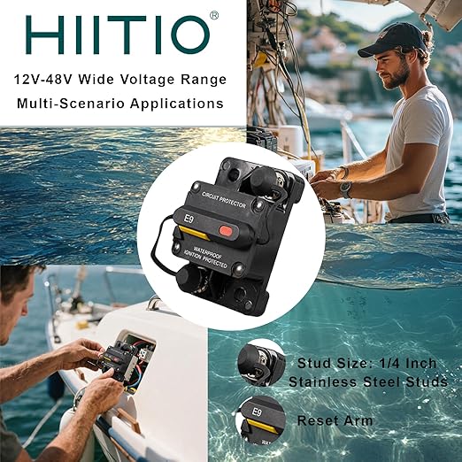30 Amp Marine Circuit Breaker, Waterproof Manual Reset Switch, 12V-48V DC Circuit Breaker, 3/8" Studs, for Boat Trolling Motor/Marine ATV/Battery/Solar System（30A）