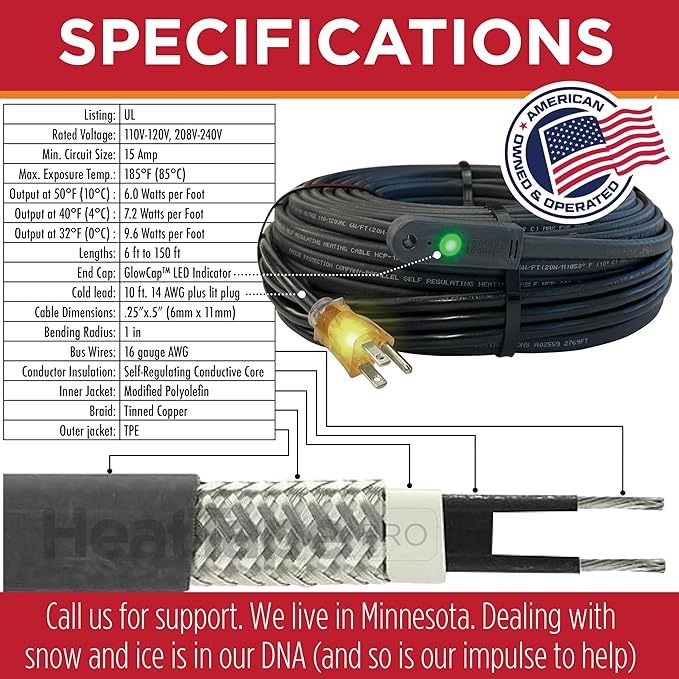 RADIANT SOLUTIONS HeatTapePro - Intelligent Commercial Grade Self-Regulating Heat Cable with GlowCap™ - 10 YR warranty - Ice Dam & Pipe Freeze Protection - 62 ft cable + 10 Ft Cord, 120V, 6 watts/Ft