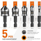 KENDO 5PCS Countersink Drill Bit Set, High Speed Steel Countersink Bits, 82 Degree 5 Flute Pieces, 1/4 Inch Hex Shank, Fit for Sink Holes into Metals, Wood, Plywood, Plastic with Aluminum Case