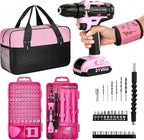 Pink Cordless Drill Set 142 Pcs, 21V Pink Power Drill Tool Set Kit with Storage Bag, Electric Drill Set for Women, Precision Screwdriver set, Magnetic Tool Belt, for Home DIY Projects