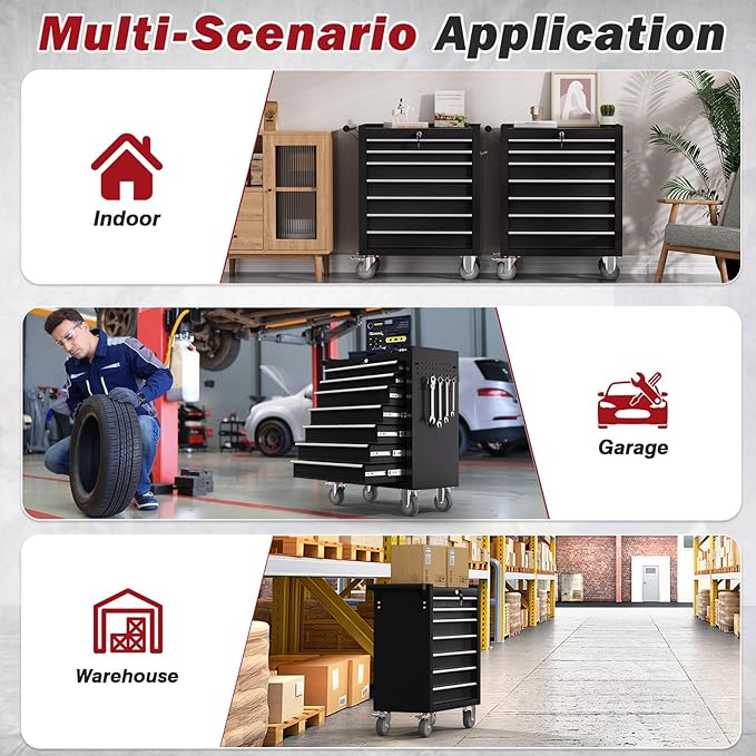 Rolling Tool Chest with Drawers, 7 Drawers Tool Chests & Cabinets, Metal Toolbox with Wheels, Lockable Storage Cabinet, Garage Tool Box with Drawers (Black, 7 Drawers)