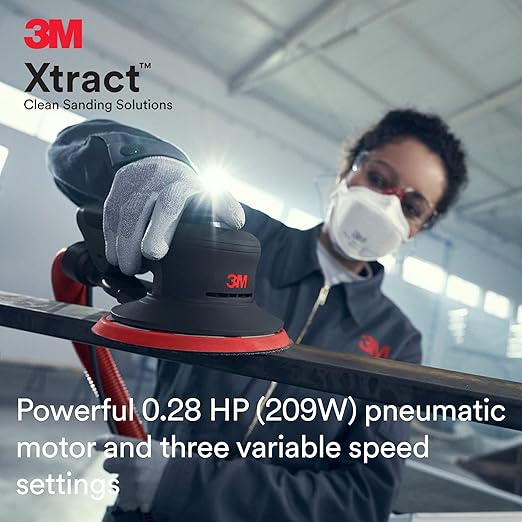 3M Random Orbital Sander, Xtract Pneumatic 88948, 5 in, Self-Generated Vacuum, 3/8 in Orbit, Ergonomic and Lightweight ROS, 209W Motor, Dust Extraction