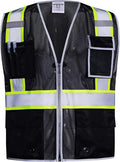 SKSAFETY 10 Pockets Safety Vest, Class 2 High Visibility Security with Zipper Double-sided mesh, Hi Vis Vest with Reflective Strips, ANSI/ISEA Standard, Construction Work Vest （Black, L）