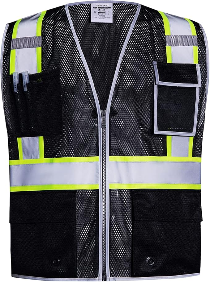 SKSAFETY 10 Pockets Safety Vest, Class 2 High Visibility Security with Zipper Double-sided mesh, Hi Vis Vest with Reflective Strips, ANSI/ISEA Standard, Construction Work Vest （Black, 4XL）