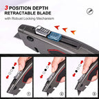 HAUTMEC Heavy-Duty Utility Knife, Safety Box Cutter with Auto-Retracting & 3-Position Locking Dual-System, Built-In Wire Stripper, Blade Storage and 3 Ultra-sharp SK4 Blades – HT0311