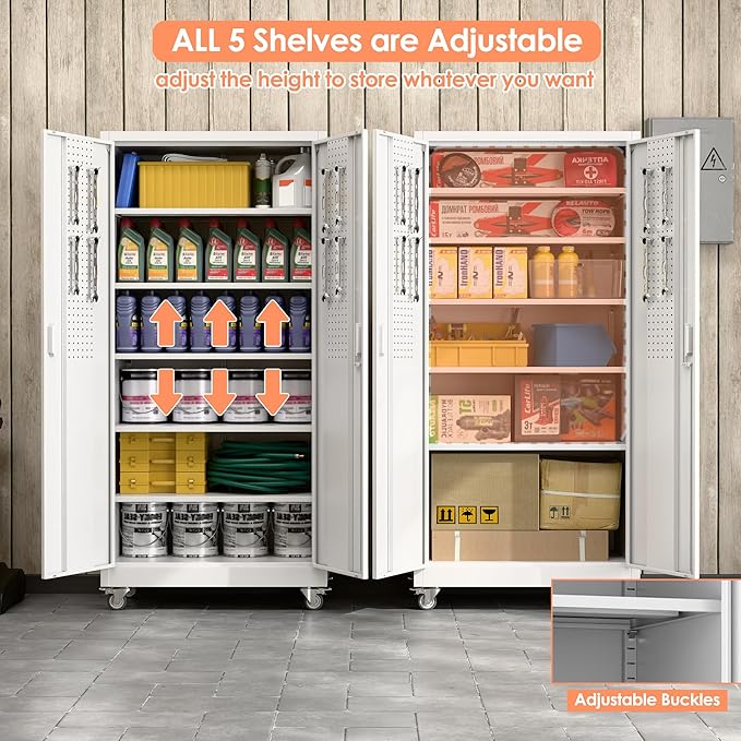 Metal Garage Storage Cabinet with Pegboard, 71''H*32" W*16" D Rolling Tool Cabinets on Wheels with 5 Adjustable Shelves for Garage Home Warehouse Utility Room, Assembly Required,White