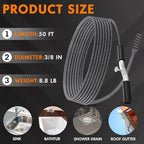 50 ft Drain Auger Plumbing Snake for Heavy Deep Blockages 3/8" Diameter Flexible Plumbing Cables Drain Snake for Kitchen Bathroom Shower Sink Cleaning Drainage Clogs
