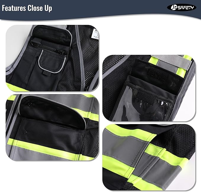 JKSafety 11 Pockets Hi-Vis Black Mesh Safety Vest for Men Women High Visibility Reflective Construction with Zipper Work Utility PPE Work Gear ANSI/ISEA compliant (102-Black XXL)
