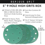5-Inch 9-Hole High Grit Sanding Discs Assortment - 320, 400, 600, 800, 1000 Grit (10 of Each) - Wet Dry Hook & Loop Film Discs - Sandpaper for Random Orbital Sanders - 50 Pack Box