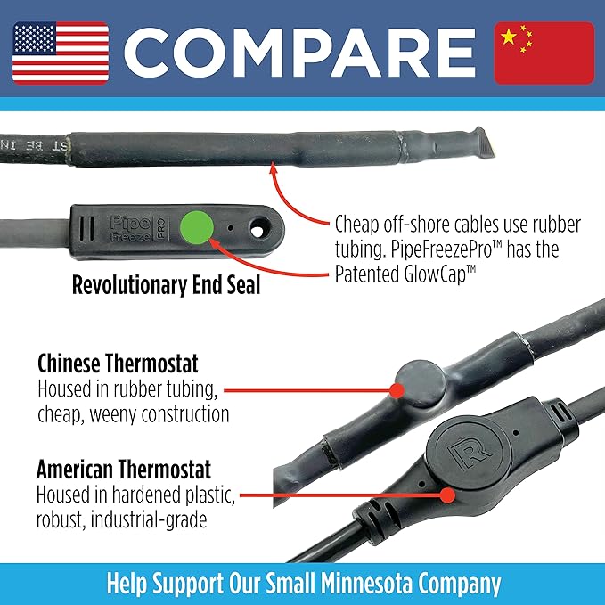 Radiant Solutions Company Intelligent Heat Tape for Water Pipe Freeze Protection - with GlowCap™, Built-in Thermostat, Tape Included, 10-yr Warranty, Heavy-Duty, Self-Regulating, 120V (12 Ft)