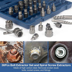 MABLEVI 36 Pcs Upgrade Screw Extractor Set, 3/8” Drive Multi-Spline Easy Out Bolt Extractor Set, Stripped Screw Removal Tool Kit for Removing Nuts Bolts with Solid Storage Case